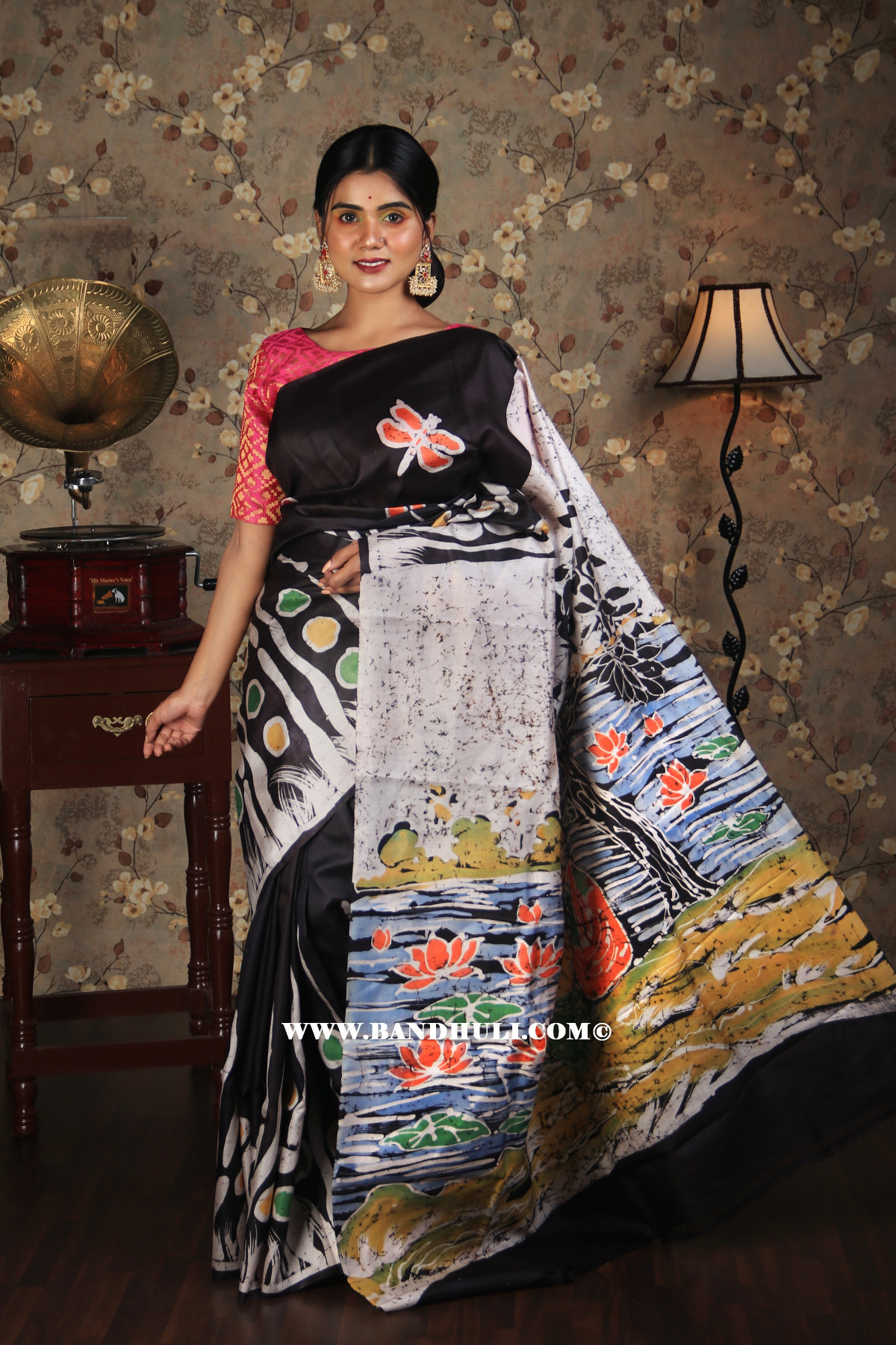 Black Hand Batik Mulberry Silk Saree